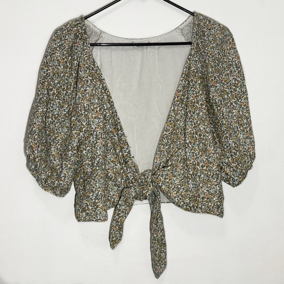 Abercrombie & Fitch Peach Floral Print Tie-Front Linen Blend Blouse Top size L - Picture 2 of 6